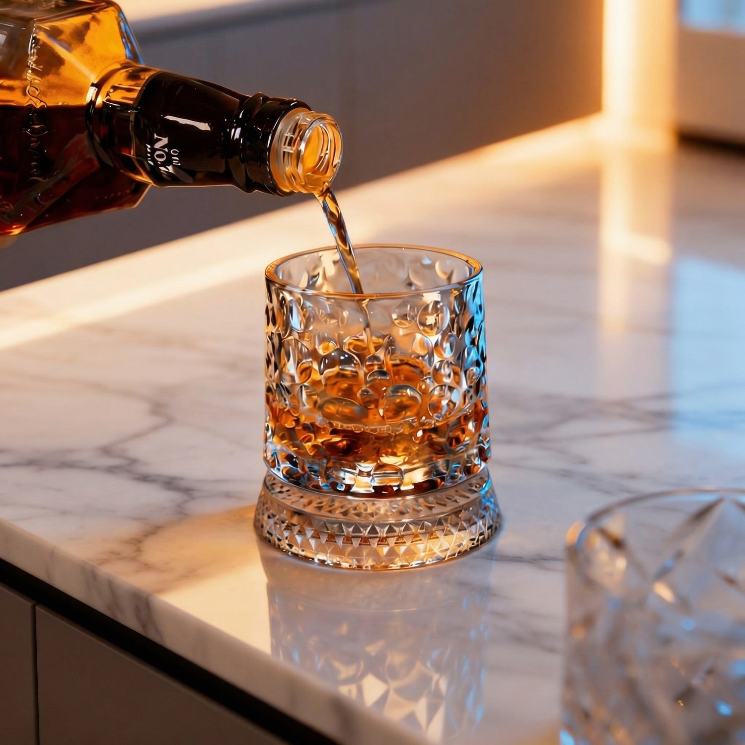 Whisky wird in das Kristallglas gegossen